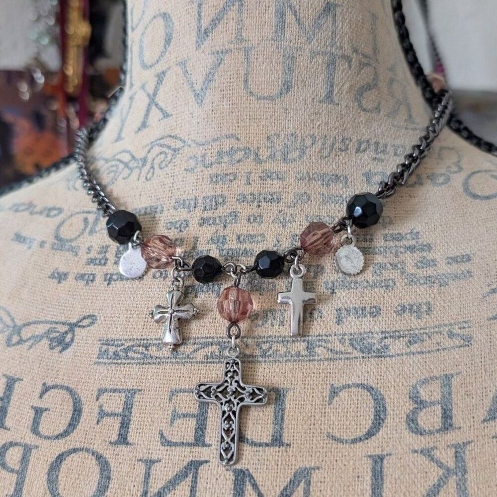 Cross Pendant Pink and Black Beaded Choker Necklace